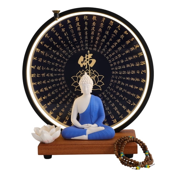 12 in Buddha Statue Home Decor LED Circle Table Lamp Adjustable Brightness Indoor Ceramic Buddha Statues with Backflow Incense Seat for Zen Room Altar Decoration Blue