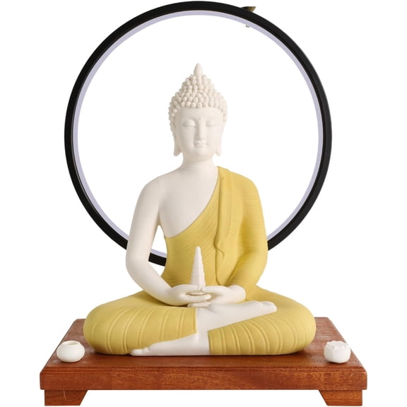 12 in Buddha Statue for Home Decor, LED Circle Table Lamp Adjustable Brightness Indoor Ceramic Buddha Statues with Backflow Incense Seat for Zen Room Decor, Altar Decoration - White+Yellow