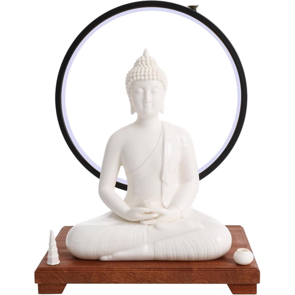 12 in Buddha Statue for Home Decor, LED Circle Table Lamp Adjustable Brightness Indoor Ceramic Buddha Statues with Backflow Incense Seat for Zen Room Decor, Altar Decoration - White