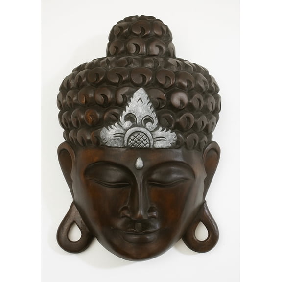 12" Buddha Wall Mask, Hand Carved Wooden Serene Face Statue, Black with Silver Crown, Sculpture Figurine, Home Decor Hanging Accent
