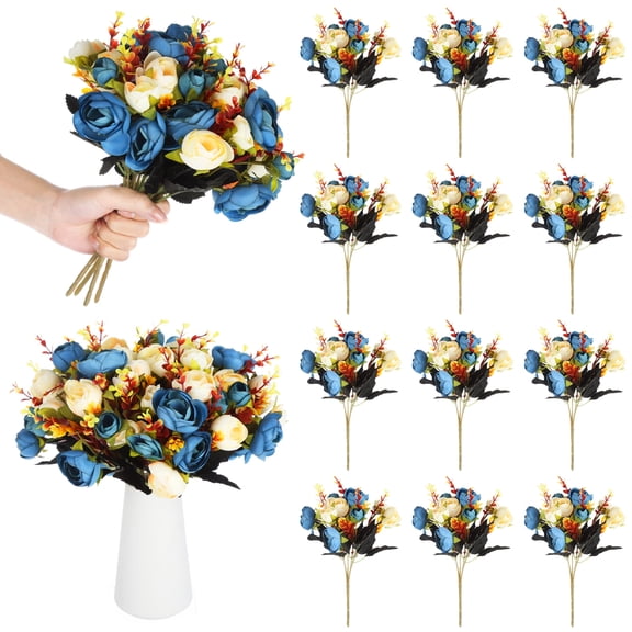 12 Bunches Blue Rose Arrangements, Silk Camellia Tea Flower Bouquets for Table Centerpieces, Home Wedding Decor