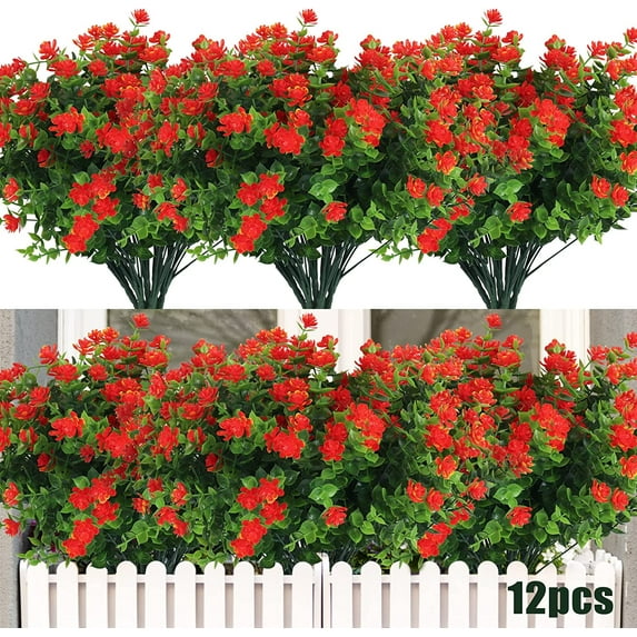 12 Bundles Artificial Fake Flowers, Faux Outdoor Plastic Plants UV Resistant Shrubs Outside Indoor Decorations,UV Resistant Faux Plastic Plants Garden Porch Window Box (Orange Red)
