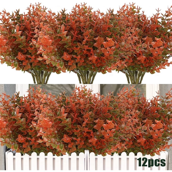 12 Bundles Artificial Fake Flowers, Faux Outdoor Plastic Plants UV Resistant Shrubs Outside Indoor Decorations,UV Resistant Faux Plastic Plants Garden Porch Window Box (Orange Red)