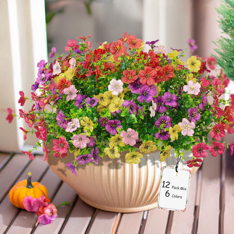 Artificial Flowers for Outdoor Indoor Garden Home Decoration, Faux Flower Daisy with Eucalyptus Leaves Fake Plants Greenery Boxwood Porch Patio, 12 Bundles, Mix 6 Colors