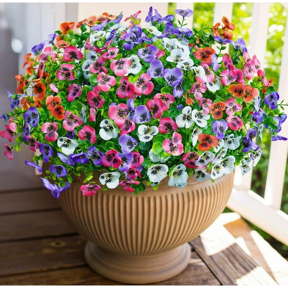 12 Bundles Artificial Fake Pansy Flowers for Outdoor, Realistic Faux UV Resistant Colorful Pansies Flowers for Outside Planter Front Door Porch Yard Patio Window Box Decor