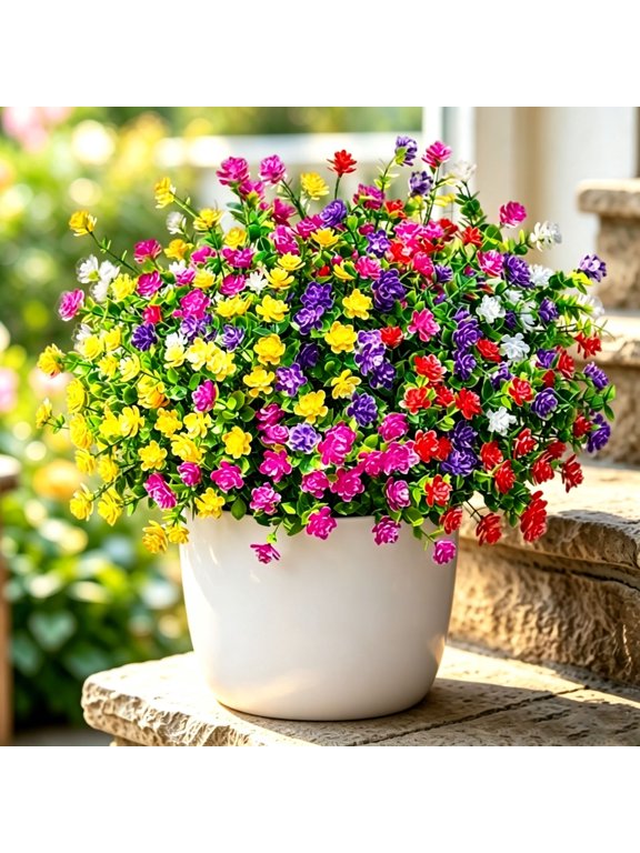 12 Bundles Artificial Faux Flowers with Greenery, UV Resistant Plastic Shrubs Bushes, 6 Assorted Colors, Realistic Fake Flowers for Porch Patio Garden Home Window Box Wedding Decor
