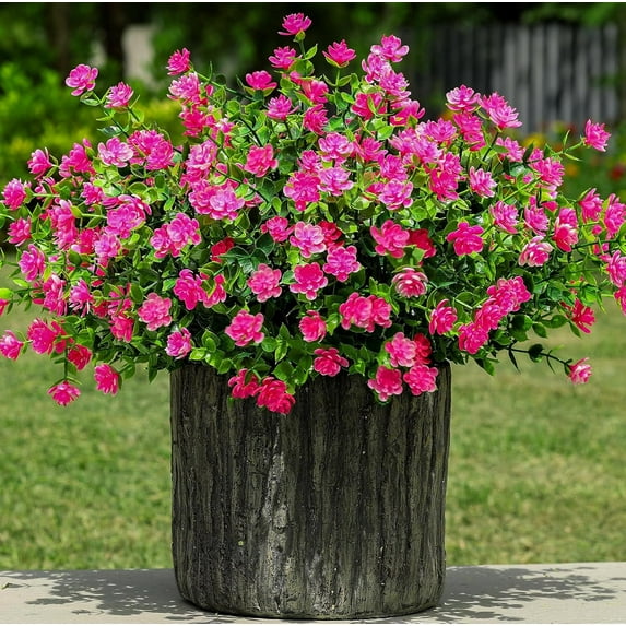 12 Bundles Artificial Faux Flowers & Greenery Plants,Realistic UV-Resistant Plastic Shrubs Bushes for Indoor/Outdoor Decor - Home, Porch, Patio Garden (Pink)