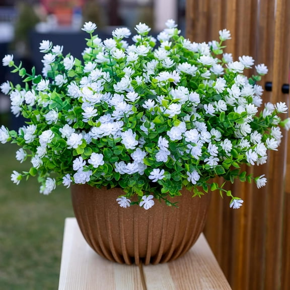 12 Bundles Artificial Faux Flowers & Greenery Plants,Realistic UV-Resistant Plastic Shrubs Bushes for Indoor/Outdoor Decor - Home, Porch, Patio Garden (White)