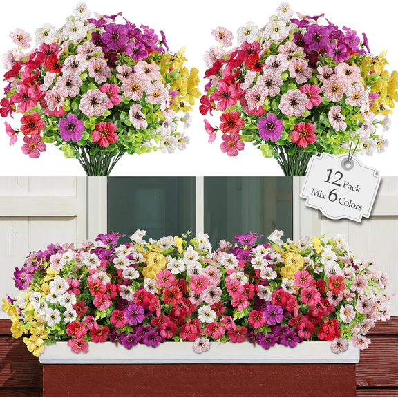 GPED 12 Bundles Artificial Flowers for Outdoor Indoor Decoration, Faux Silk Daisy with Eucalyptus Leaves, Fake Plants for Porch Patio Home Planter Window Box Yard, Mix 6 Colors