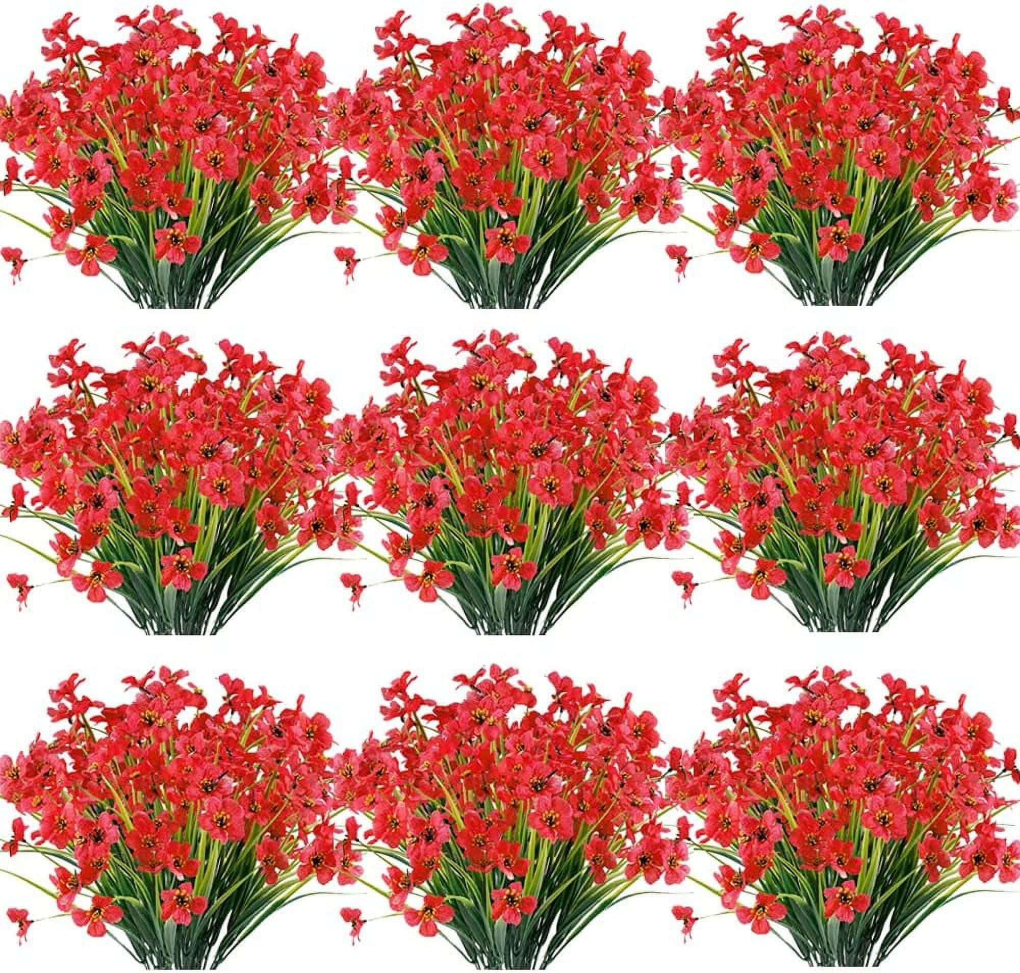 12 Bundles Artificial Flowers Outdoor UV Resistant Fake Flowers No Fade Faux Plants Garden Porch Window Box Decorating (Deep Red)