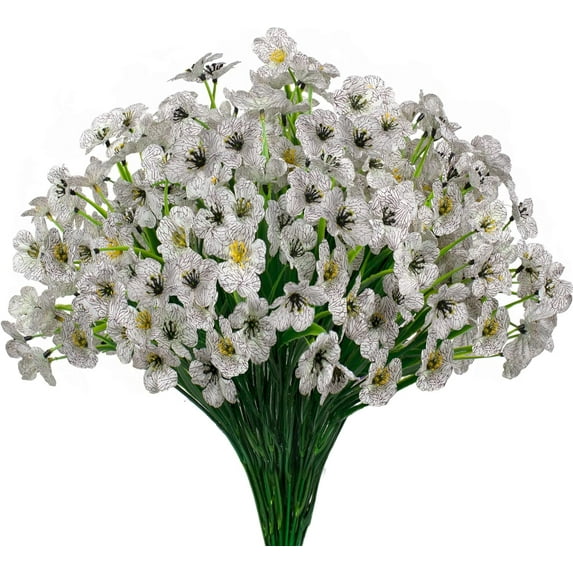 12 Bundles Artificial Flowers Outdoor UV Resistant Fake Violet Flowers No Fade Faux Plastic Plants Garden Home Wedding Farmhouse Decor (White)