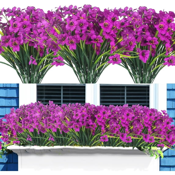 12 Bundles Artificial Flowers Outdoor UV Resistant Fake Violets Flowers No Fade Faux Greenery Plastic Plants for Garden Porch Window Box Decoration(Fuchsia)