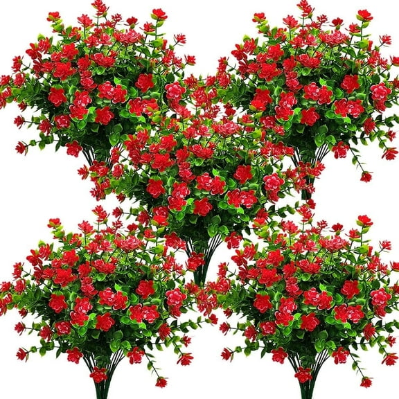12 Bundles Artificial Flowers Outdoors, UV Resistant Flower for Indoors, Flowers in Bulk Silk Flowers for Home Wedding Garden Porch Window Box Decoration (Red-Eucalyptus)