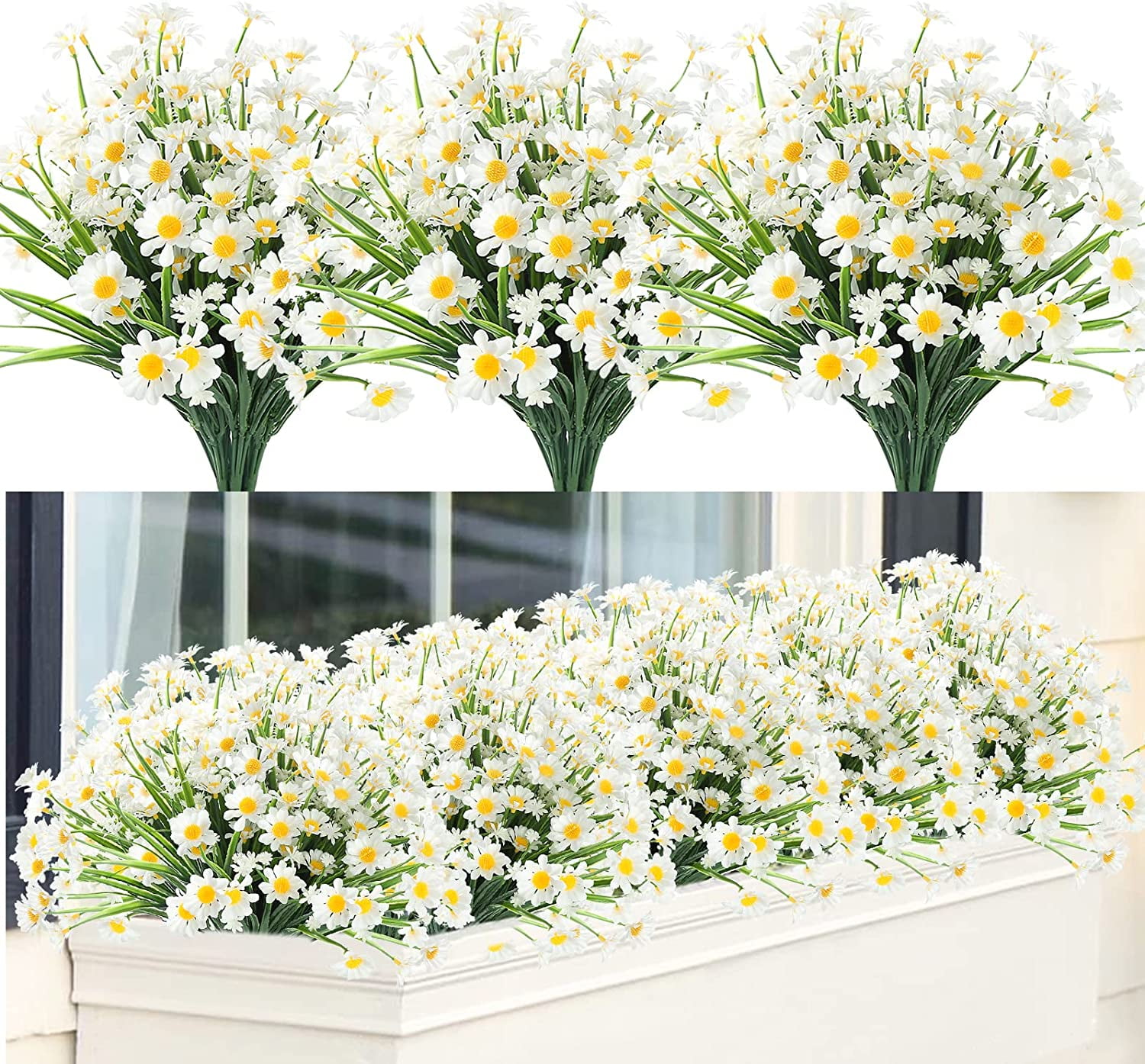 12 Bundles Artificial Flowers Plants for Outdoors, Uv Resistant Fake Plants Plastic Faux Flowers for Home Wedding Party Outdoor Indoor Garden Decor. White