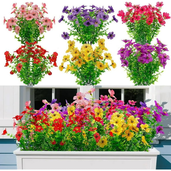 12 Bundles Artificial Flowers for Outdoors, Faux Silk Violet with Eucalyptus Leaves Fake Greenery Plants for Porch Patio Home Yard Garden Window Box Pot Planters (6 Mix Color)