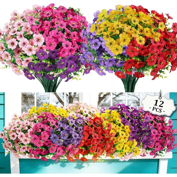 12 Bundles Artificial Flowers for Outdoor Indoor, Faux Flower Daisy with Euc Leaves Fake Plants Greenery, Garden Home Decor for Boxwood Porch Patio
