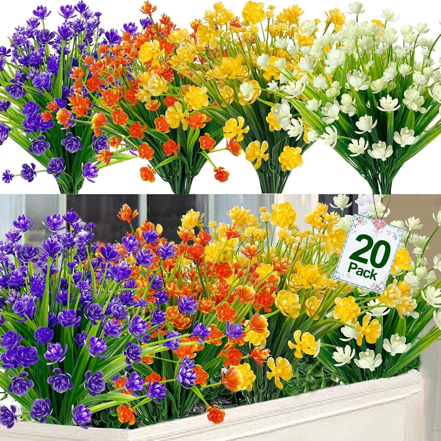 12 Bundles Artificial Flowers for Outdoors Summer Decor,Realistic UV Resistant Plants Faux Plastic Flowers
