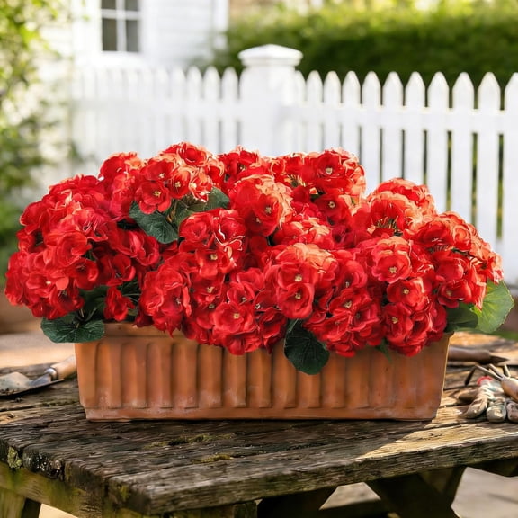 12 Bundles Artificial Geranium Flowers for Outdoor, Fake Silk Red Geraniums Flower, UV Resistant Look Real Faux Plants for Front Door Garden Porch Patio Balcony Yard Indoor Home, FF20, Red