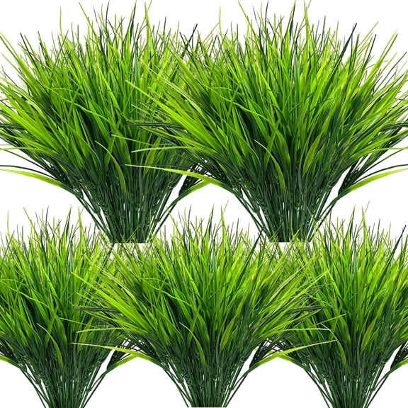 12 Bundles Artificial Grasses Outdoor UV Resistant Fake Grass No Fade Faux Plastic Plants Garden Window Box Decorating(Green Grass)