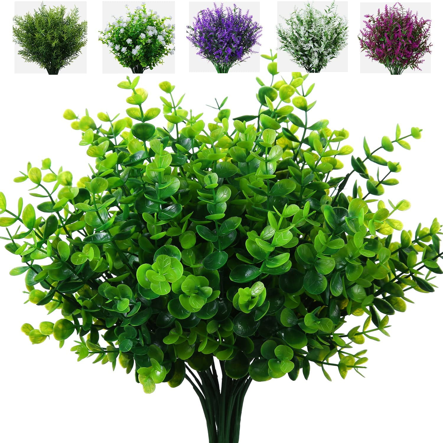12 Bundles Artificial Greenery Plants, Faux Outdoor UV Resistant Fake Eucalyptus Bushes for Garden Porch Window Box Filler Indoor Home Decoration (Green)