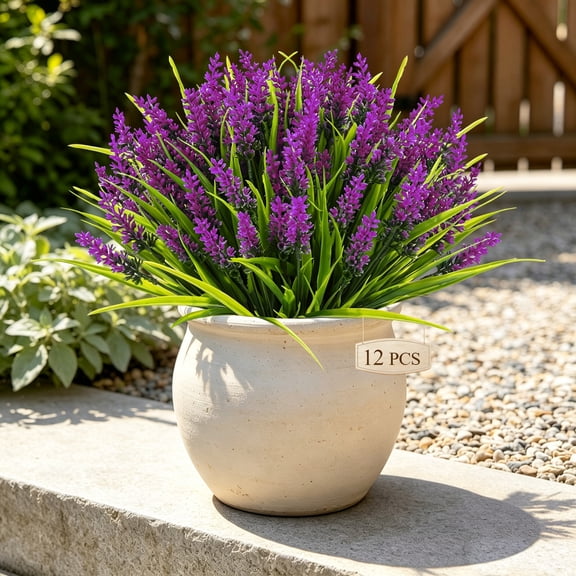 12 Bundles Artificial Lavender Flowers Fake Plants for Outdoor Patio Garden Decor Faux Monkey grass for Porch Indoor 15 Inch-Rose Pink