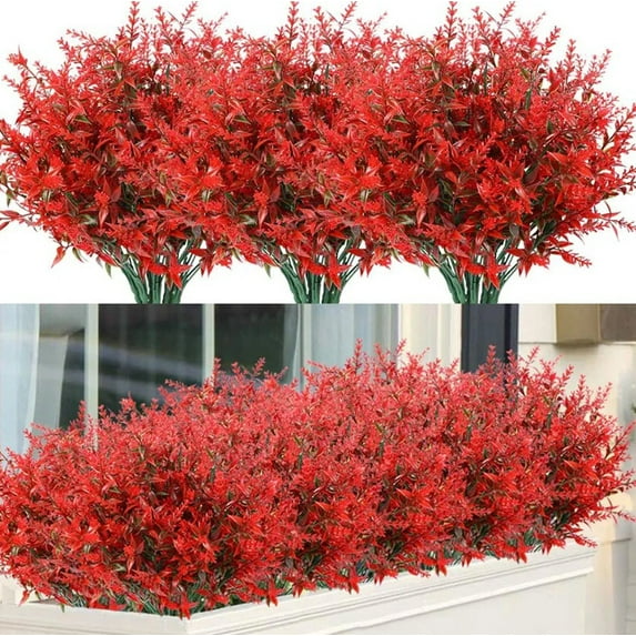 12 Bundles Artificial Lavender Flowers, Faux Outdoor Lavender Flowers UV Resistant Fake Lavender Plants for Garden Porch Window Box Filler Indoor Home Decoration (Red)