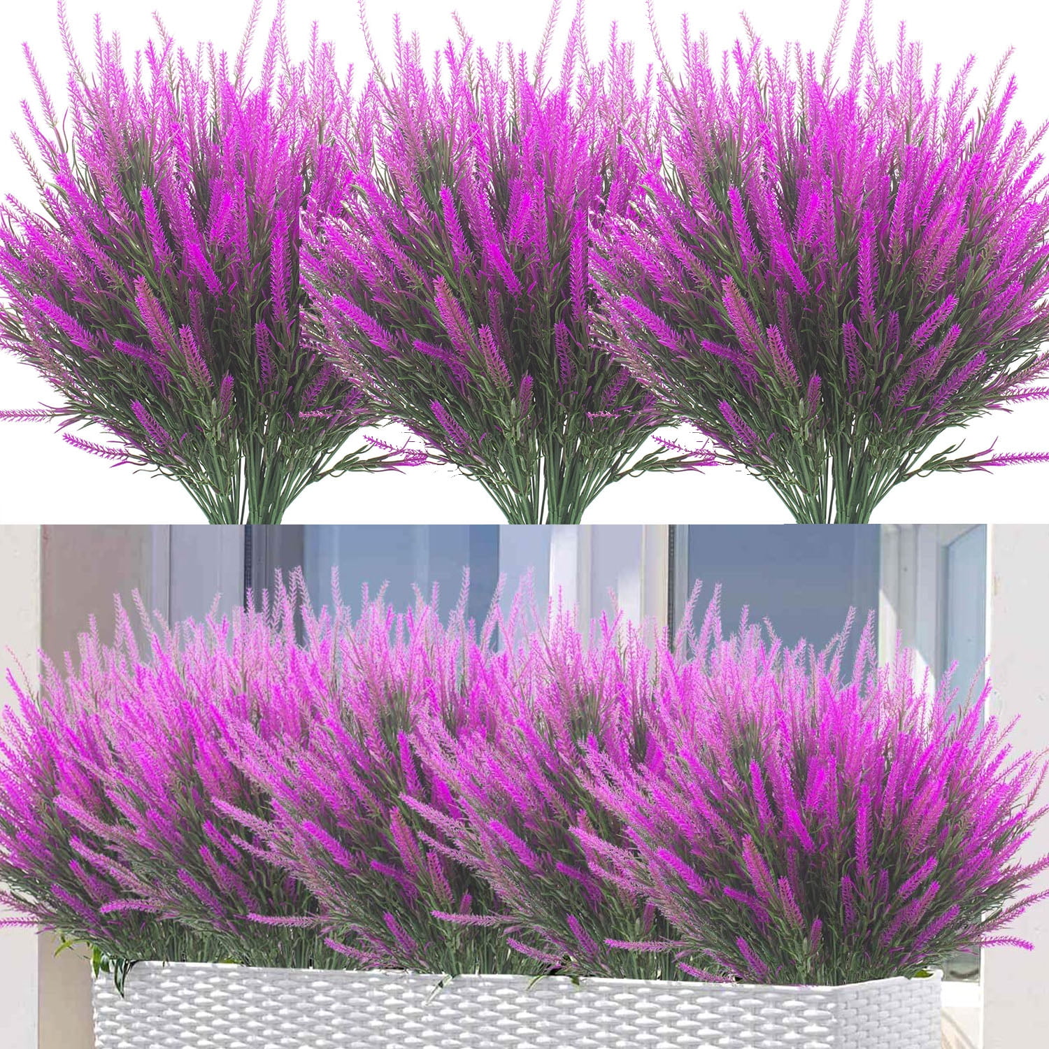 12 Bundles Artificial Lavender Flowers Faux Plants Fake Flowers Outdoor UV Resistant No Fade Garden Porch Window Box Decor(Fuchsia)