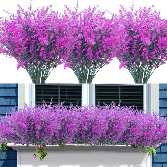 12 Bundles Artificial Lavender Flowers Outdoor Fake Flowers for Decoration UV Resistant No Fade Faux Plastic Plants Garden Porch Window Box Décor (Purple)
