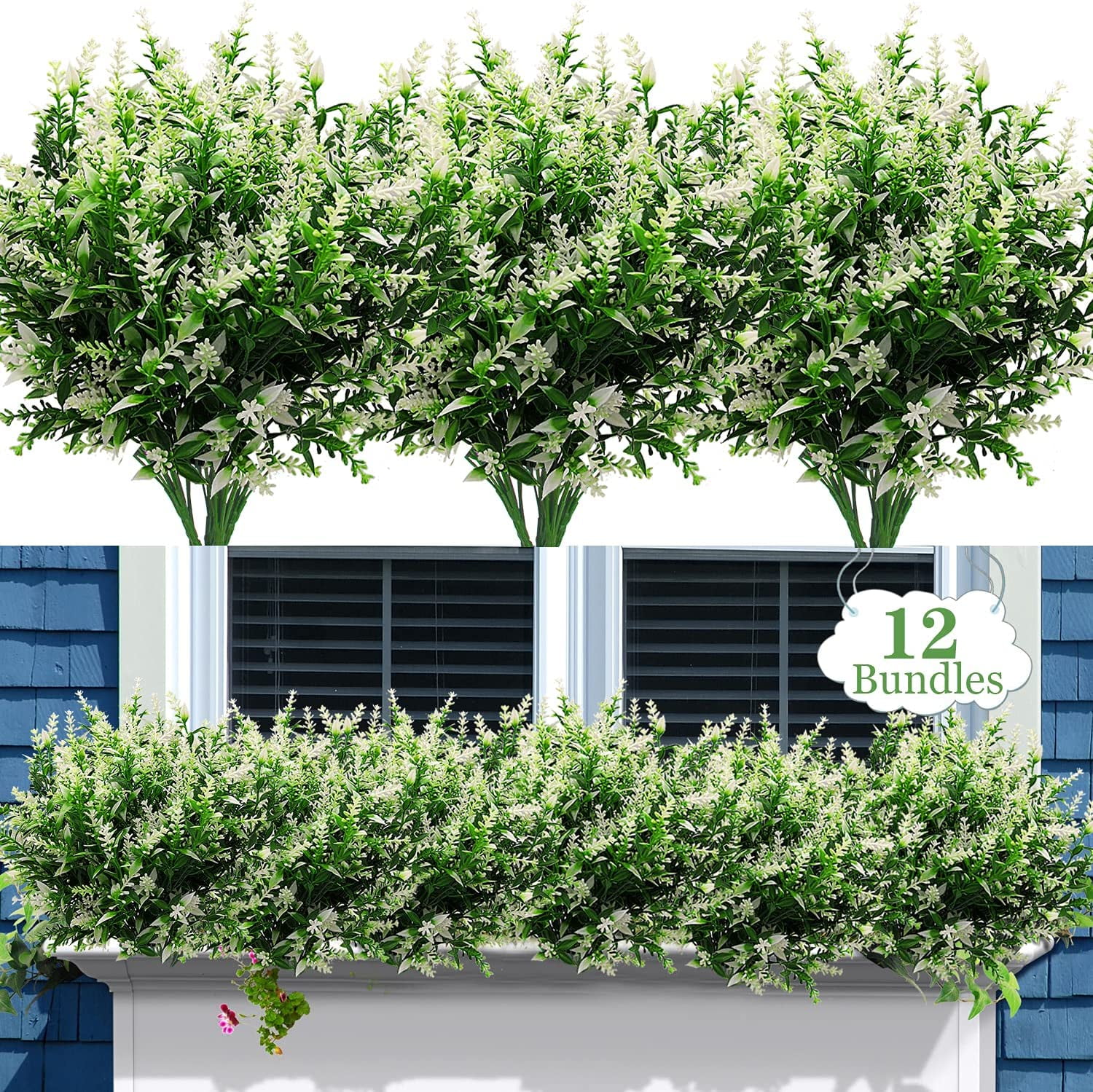 12 Bundles Artificial Lavender Flowers Outdoor Fake Flowers for Decoration UV Resistant No Fade Faux Plastic Plants Garden Porch Window Box Décor (Purple)