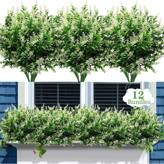 12 Bundles Artificial Lavender Flowers Outdoor Fake Flowers for Decoration UV Resistant No Fade Faux Plastic Plants Garden Porch Window Box Décor (Purple)