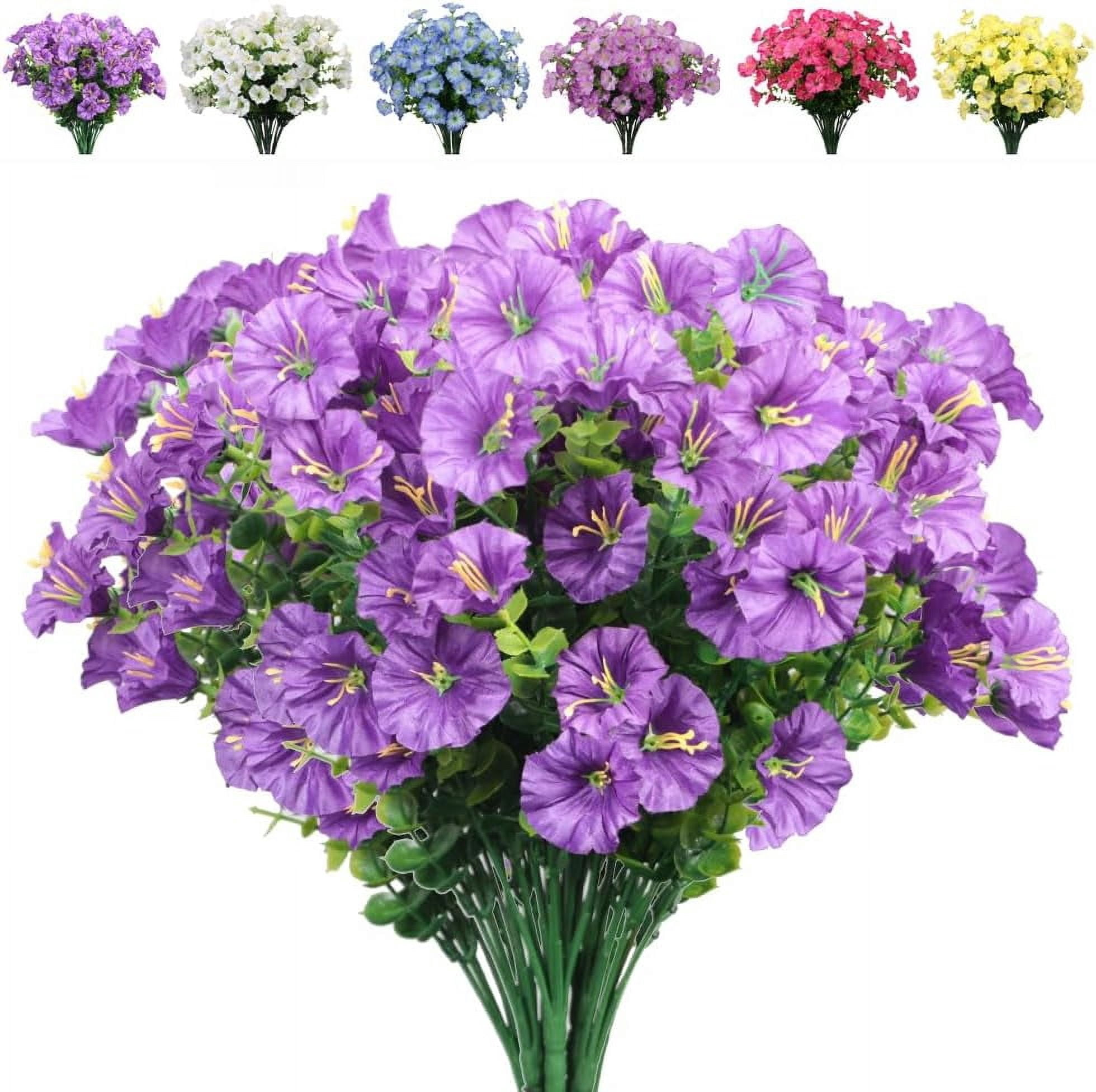 12 Bundles Artificial Morning Glory Fake Boxwood Shrubs UV Resistant No Fade Faux Greenery Plants for Indoor/Outdoor Hanging Planters, Home Garden, Porch, Patio Wedding Decor(Purple)