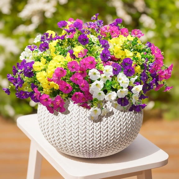 XEAZON 12 Bundles Artificial Outdoor Flowers Fake Plants, Realistic Silk Morning Glory, UV Resistant Faux Flower, Outside Fake Plants for Porch Garden Aisle Patio Wedding Decoration (4 Color)