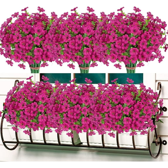 12 Bundles Artificial Outdoor Flowers,UV Resistant Fake Violets Flowers with stems Plastic Faux Flowers Greenery Plants for Outdoor Hanging Plants Garden Porch Window Box Decor (Fuchsia)