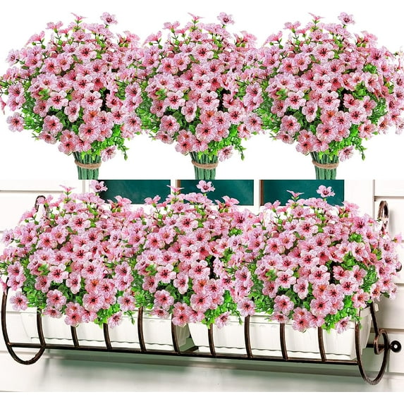 12 Bundles Artificial Outdoor Flowers,UV Resistant Fake Violets Flowers with stems Plastic Faux Flowers Greenery Plants for Outdoor Hanging Plants Garden Porch Window Box Decor (Pink)