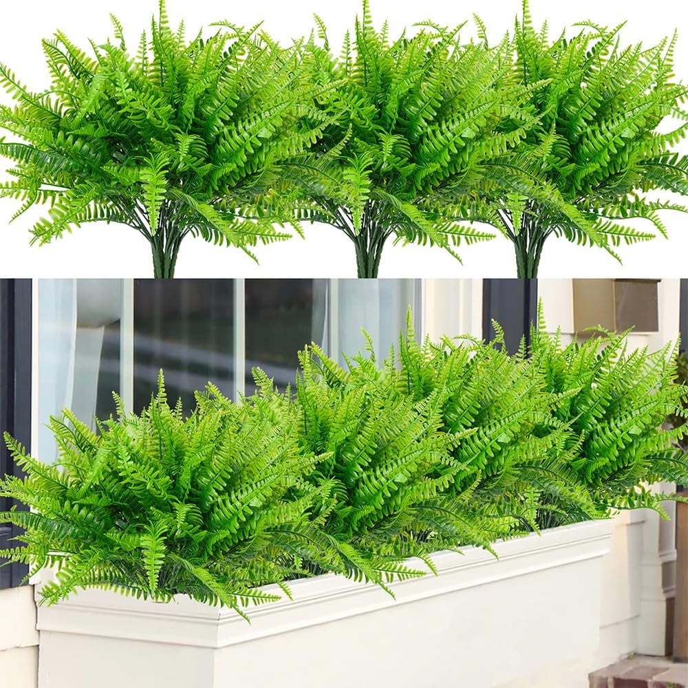 12 Bundles Artificial Outdoor Plants Artificial Ferns for Outdoors Fake Boston Fern Plant Fake Ferns Artificial Flowers for Outdoors UV Resistant Faux Ferns Artificial Greenery Plastic Plant