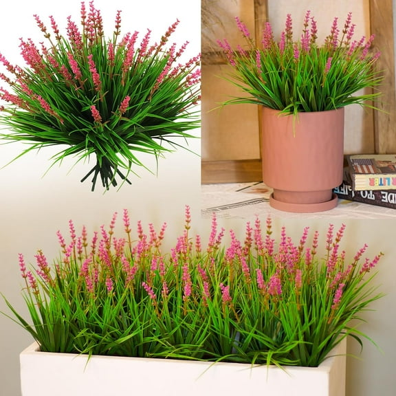 12 Bundles Artificial Plants Outdoor Fake Monkey Grass with Flowers for Pot Garden Verandah Decor for Window Garden Office Patio Hanging Planter Pathway Front Porch (Grass with Flowers) A