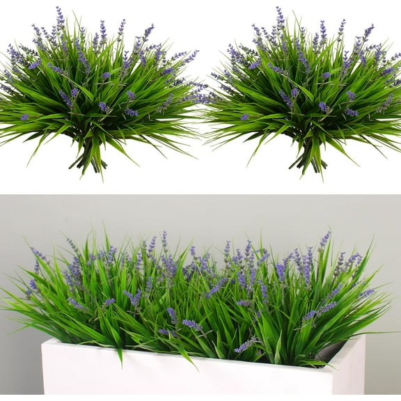 12 Bundles Artificial Plants Outdoor Fake Monkey Grass with Flowers for Pot UV Resistant Plant Decor for Window Garden Patio Hanging Planter Pathway Front Porch (Grass with Flowers)
