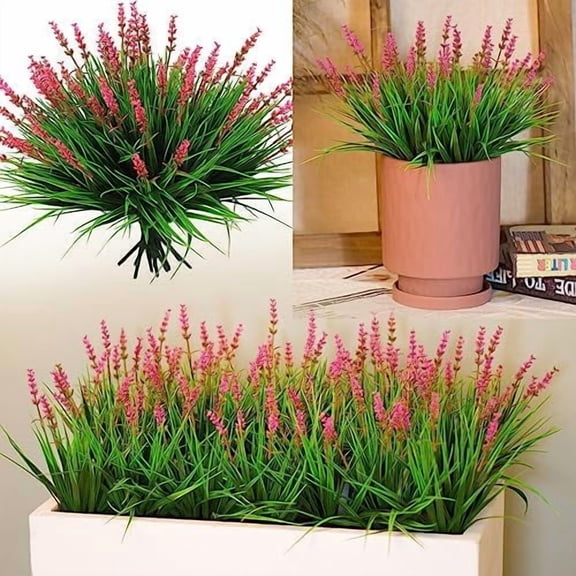 12 Bundles Artificial Plants Outdoor Fake Monkey Grass with Flowers for Pot Garden Verandah Decor (Pink Flowers)