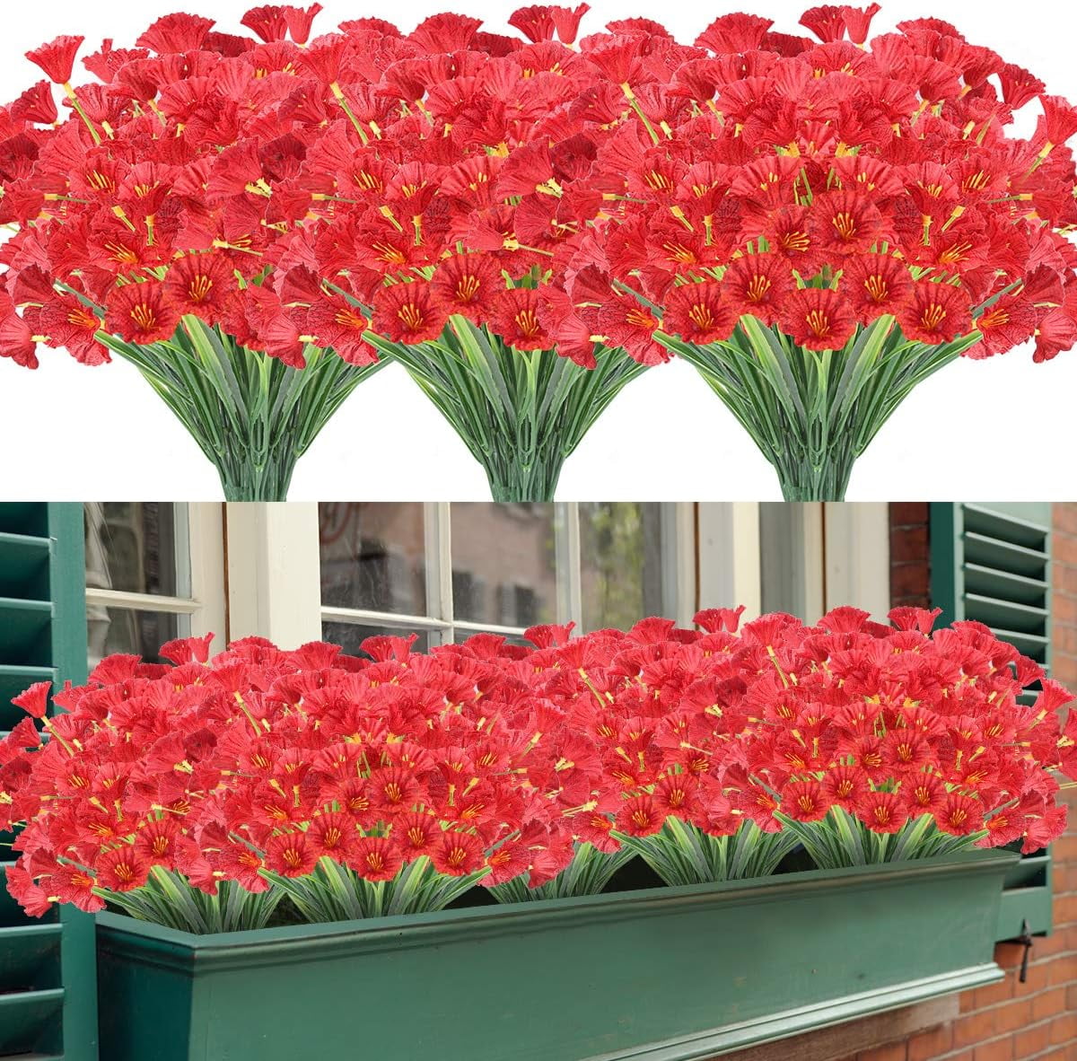 12 Bundles Artificial Silk Flowers Outdoor UV Resistant Fake Plastic Plants Indoor Outside Hanging Plants Garden Porch Window Box Home Wedding Farmhouse Decor (Deep Red)
