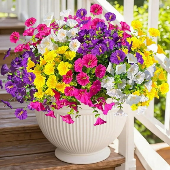 12 Bundles Artificial Silk Morning Glory & Eucalyptus - Realistic Outdoor UV Resistant Faux Flowers for Planters, Spring Summer Porch Decor, Patio Balcony Yard Decorations (Mixed)