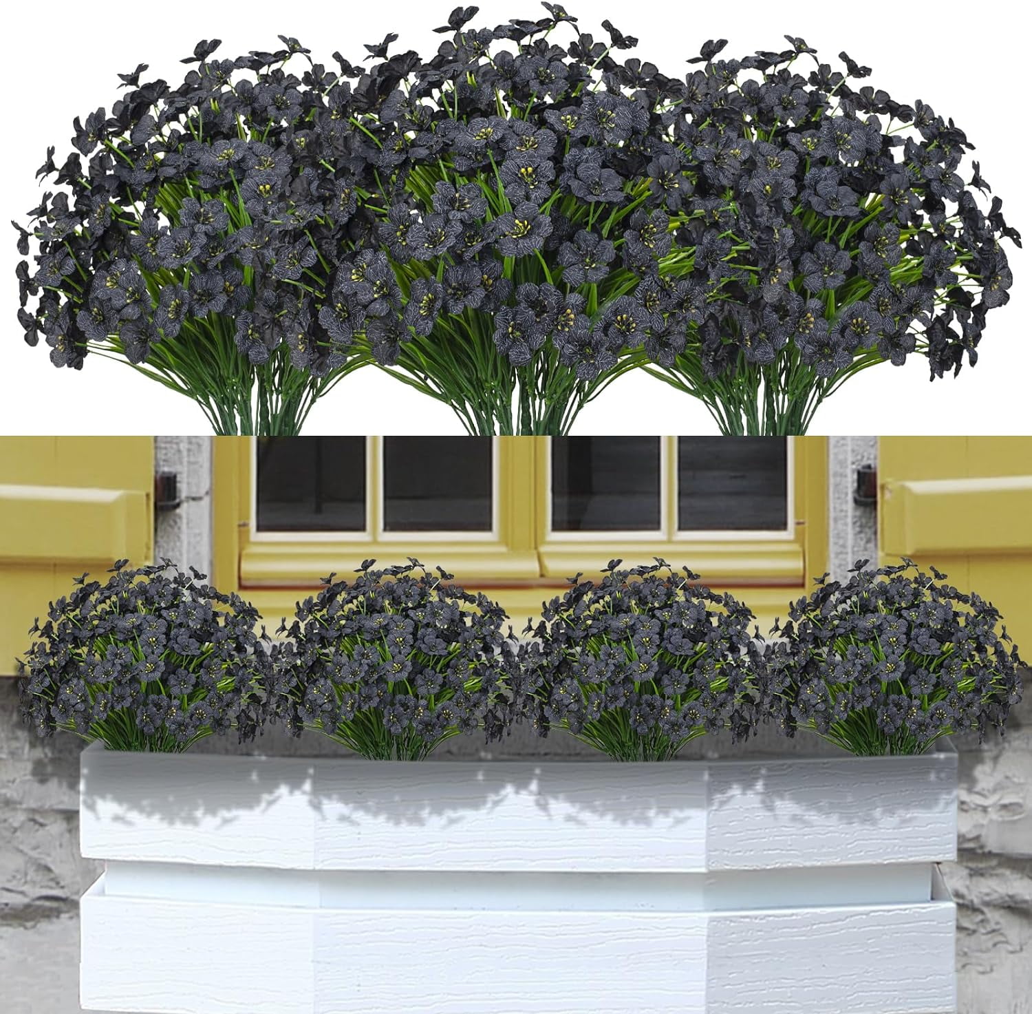 12 Bundles Artificial Violet Flowers Outdoors UV Resistant Fake Plastic Silk Flowers Faux Plants for Indoor Outside Porch Window Garden Decoration (Black)