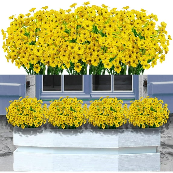 12 Bundles Artificial Violet Flowers Outdoors UV Resistant Fake Plastic Silk Flowers Faux Plants for Indoor Outside Porch Window Garden Decoration (Yellow)