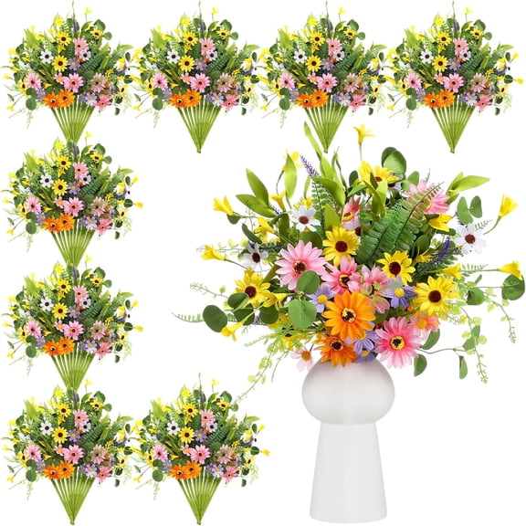 12 Bundles Artificial Wildflowers Bouquet Spring Daisy Sunflower Floral Arrangements Faux Flowers Plants Realistic with Stems Table Centerpiece for Wedding Bridal Shower Vase(Bright Daisy)