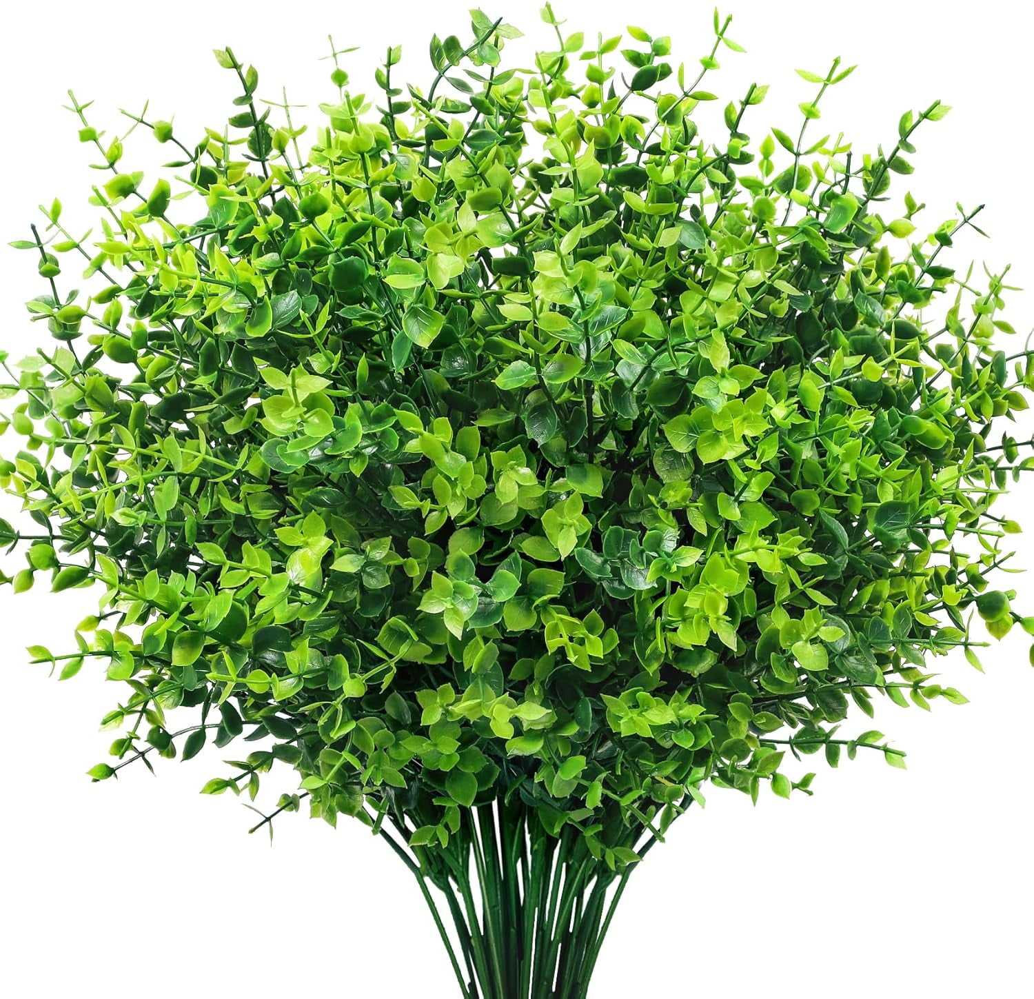 12 Bundles Greenery Artificial Plants Outdoors, Eucalyptus Stems UV Resistant Fake Foliage Plants Faux Boxwood Shrubs Indoor Decorations Artificial Flowers for Garden Pot Porch Fence Hanging Planter