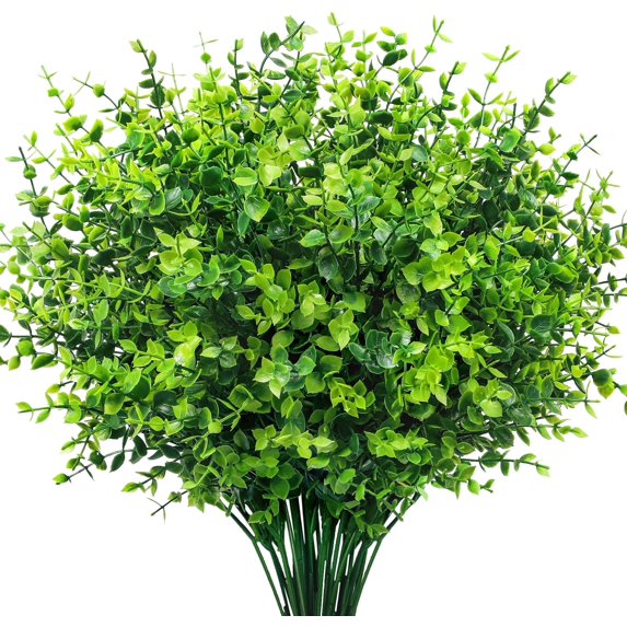 12 Bundles Greenery Artificial Plants Outdoors, Eucalyptus Stems UV Resistant Fake Foliage Plants Faux Boxwood Shrubs Indoor Decorations Artificial Flowers for Garden Pot Porch Fence Hanging Planter
