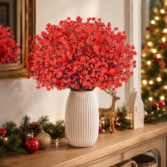 Miracliy 12 pieces Artificial Red Baby Breath Flowers, Seasonal Fake Gypsophila Bouquet for Valentine Wedding Home Table Vase Decor