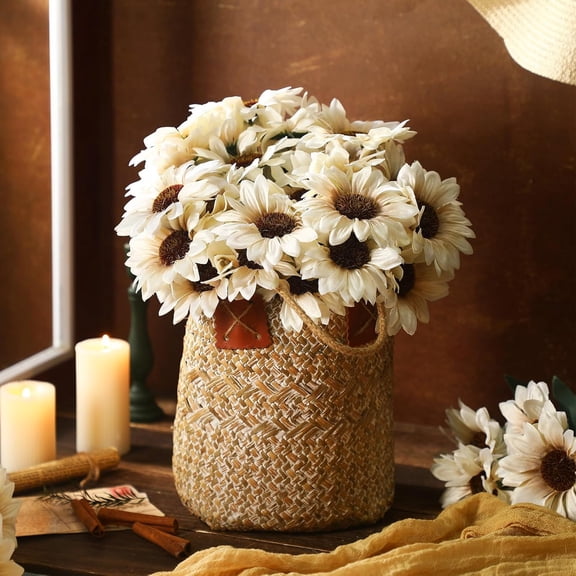 12 Bundles Sunflower Mums For Outdoor Artificial Flower With Stems Bouquet Bulk Uv Resistant No Fade Wedding Fall Garden Home Window Decor (Fall Flowers,White)