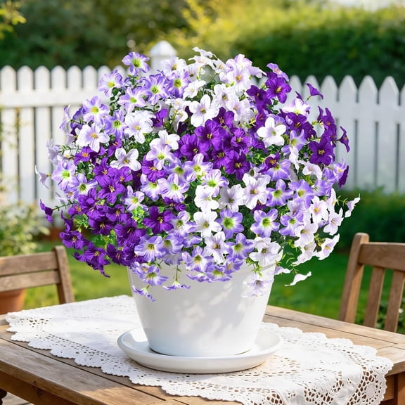 12 Bundles UV Resistant Artificial Flowers for Outdoors, Realistic Silk Petunia Fake Flowers for Outside Porch Planter Garden Decor, Mixed Purple