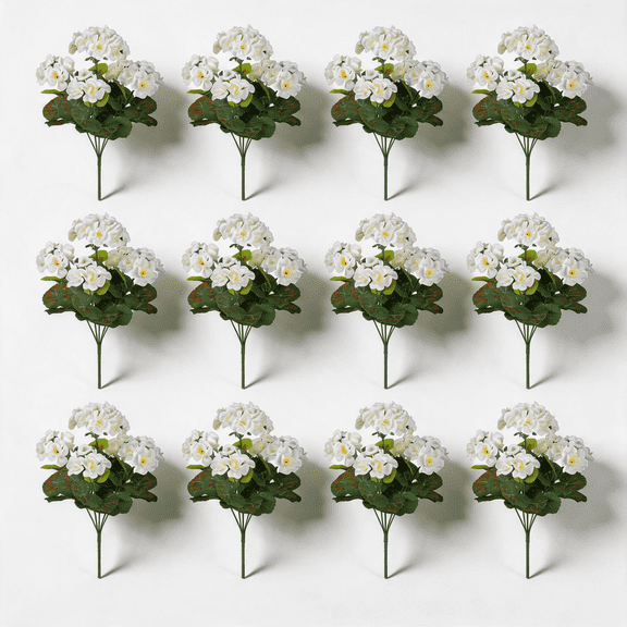 12 Bundles White Artificial Geranium Flowers, UV Resistant Silk Fake Outdoor Plants for Garden Porch