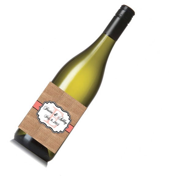 12 Burlap Coral Stripe Wedding Wine / Beer Bottle Labels Great for Engagement Bridal Shower Party